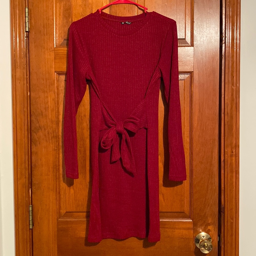 SHEIN Crew Neck Tie Front Rib-Knit Dress